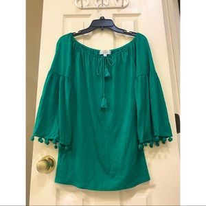 Green Flowy Pom Pom Sleeve Top